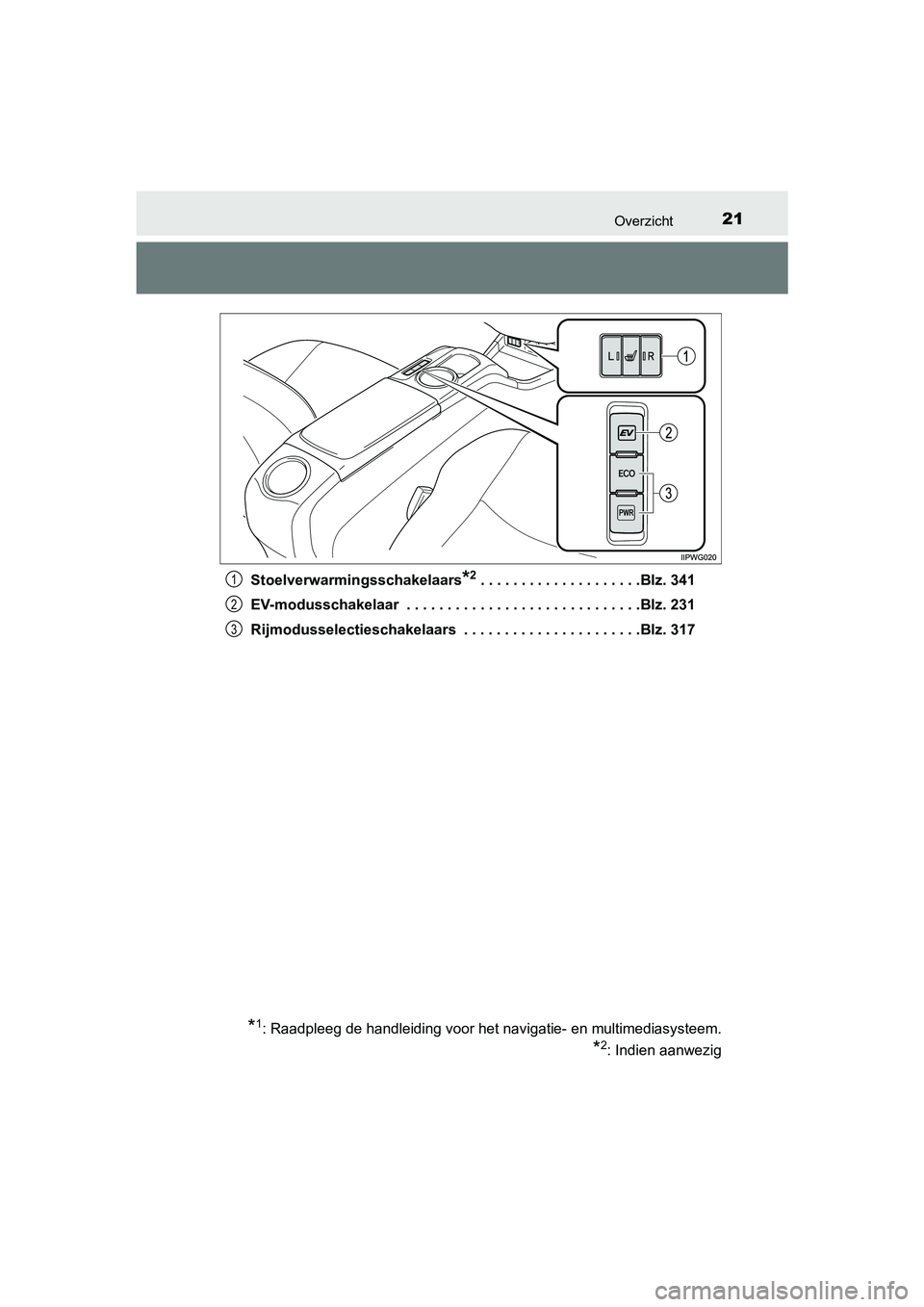 TOYOTA PRIUS PLUS 2018  Instructieboekje (in Dutch) 21Overzicht
PRIUS +_OM_OM47D30E_(EE)Stoelverwarmingsschakelaars
*2. . . . . . . . . . . . . . . . . . . .Blz. 341
EV-modusschakelaar  . . . . . . . . . . . . . . . . . . . . . .  . . . . . . .Blz. 231