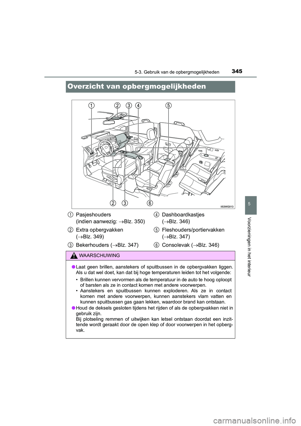 TOYOTA PRIUS PLUS 2018  Instructieboekje (in Dutch) 3455-3. Gebruik van de opbergmogelijkheden
PRIUS +_OM_OM47D30E_(EE)
5
Voorzieningen in het interieur
Overzicht van opber gmogelijkheden
Pasjeshouders 
(indien aanwezig: Blz. 350)
Extra opbergvakken