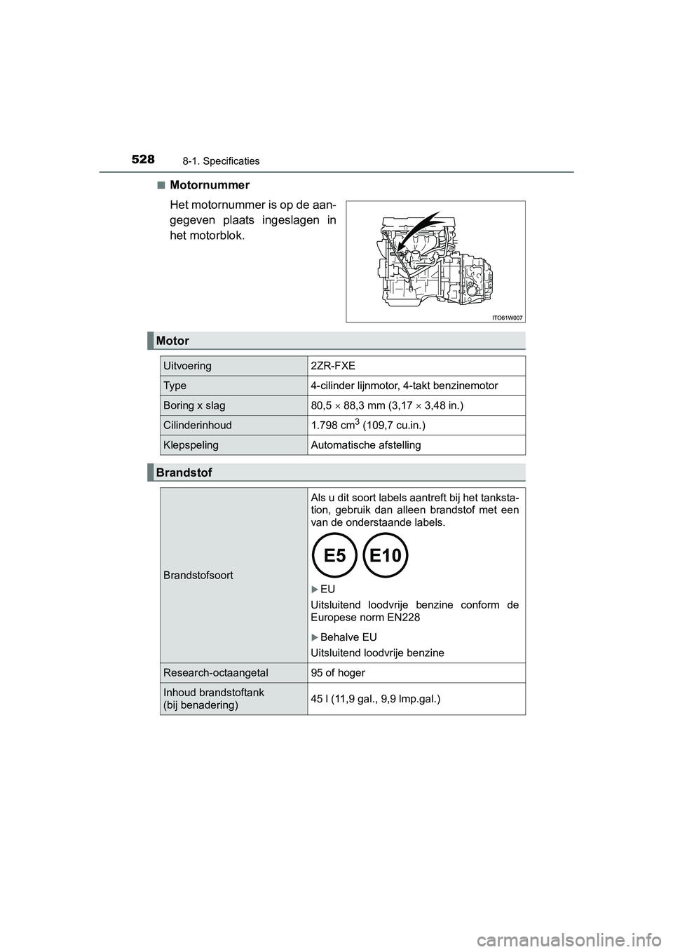 TOYOTA PRIUS PLUS 2018  Instructieboekje (in Dutch) 5288-1. Specificaties
PRIUS +_OM_OM47D30E_(EE)■
Motornummer
Het motornummer is op de aan-
gegeven  plaats  ingeslagen  in
het motorblok.
Motor
Uitvoering2ZR-FXE
Ty p e4-cilinder lijnmotor, 4-takt be