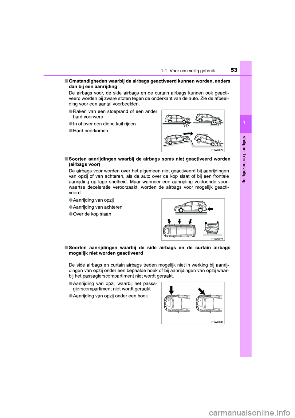 TOYOTA PRIUS PLUS 2018  Instructieboekje (in Dutch) 531-1. Voor een veilig gebruik
1
PRIUS +_OM_OM47D30E_(EE)
Veiligheid en beveiliging
■Omstandigheden waarbij de airba gs geactiveerd kunnen worden, an ders
dan bij een aanrijding
De  airbags  voor,  