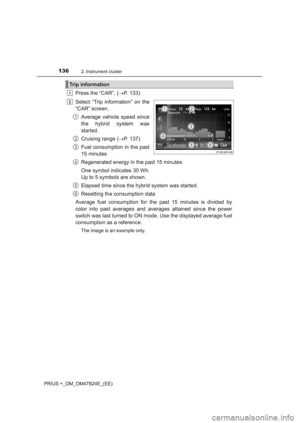 TOYOTA PRIUS PLUS 2017  Owners Manual 1362. Instrument cluster
PRIUS +_OM_OM47B24E_(EE)
Press the “CAR”. (→P. 133)
Select “Trip information” on the
“CAR” screen. Average vehicle speed since
the hybrid system was
started.
Cru