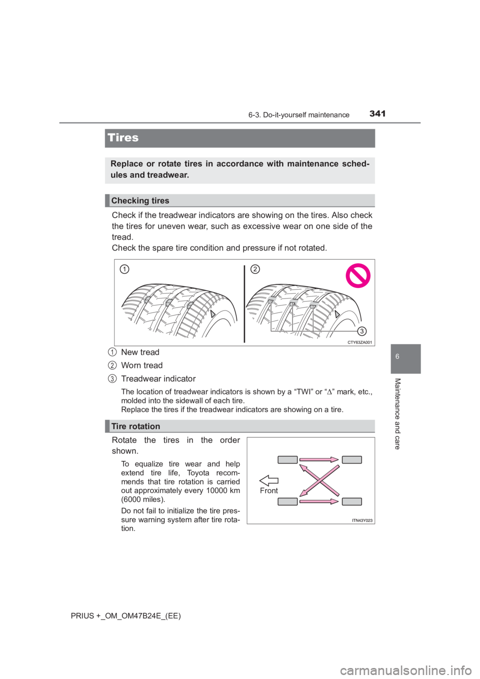 TOYOTA PRIUS PLUS 2017  Owners Manual 3416-3. Do-it-yourself maintenance
PRIUS +_OM_OM47B24E_(EE)
6
Maintenance and care
Tires
Check if the treadwear indicators are showing on the tires. Also check
the tires for uneven wear, such as exces