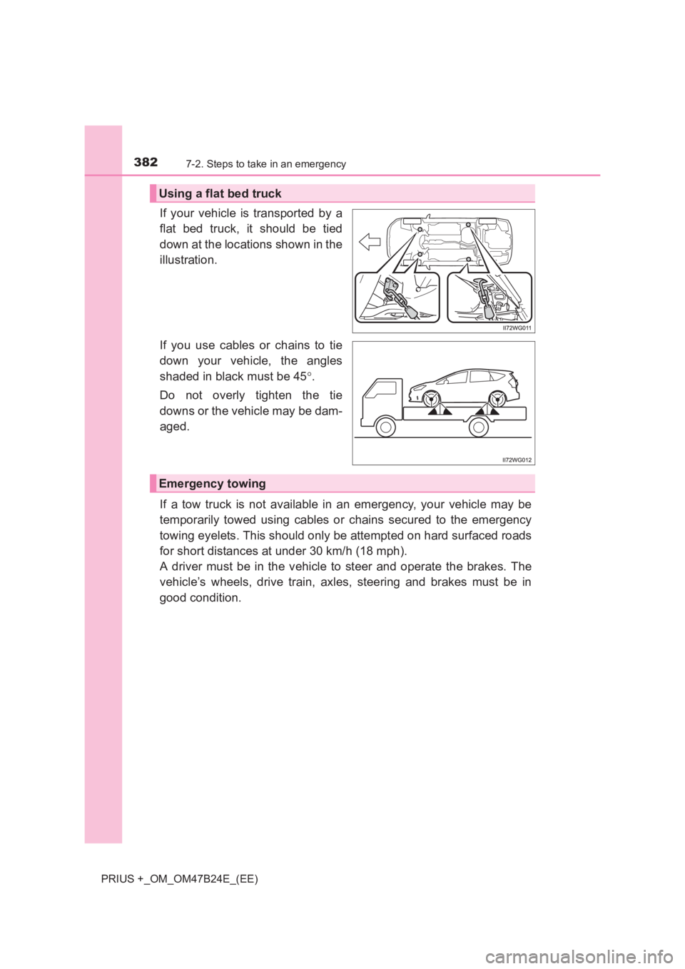 TOYOTA PRIUS PLUS 2017  Owners Manual 3827-2. Steps to take in an emergency
PRIUS +_OM_OM47B24E_(EE)
If your vehicle is transported by a
flat bed truck, it should be tied
down at the locations shown in the
illustration.
If you use cables 