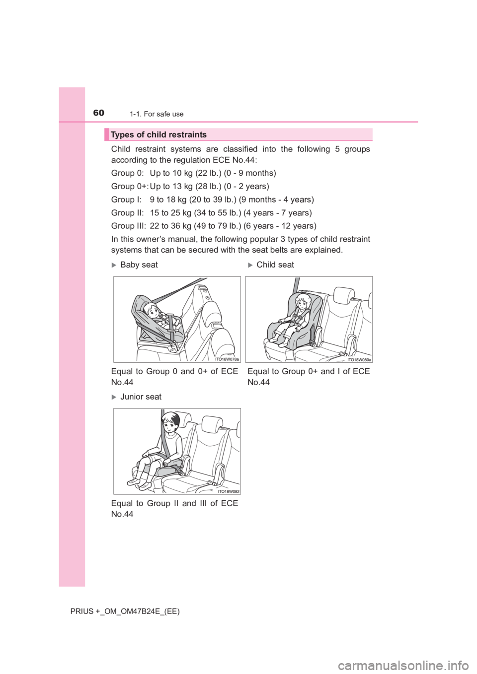 TOYOTA PRIUS PLUS 2017  Owners Manual 601-1. For safe use
PRIUS +_OM_OM47B24E_(EE)
Child restraint systems are classified into the following 5 groups
according to the regulation ECE No.44:
Group 0: Up to 10 kg (22 lb.) (0 - 9 months)
Grou