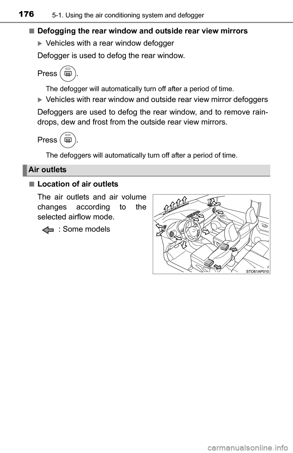 TOYOTA YARIS 2016 3.G Owners Manual 1765-1. Using the air conditioning system and defogger
■Defogging the rear window and outside rear view mirrors
Vehicles with a rear window defogger
Defogger is used to defog the rear window.
Pre