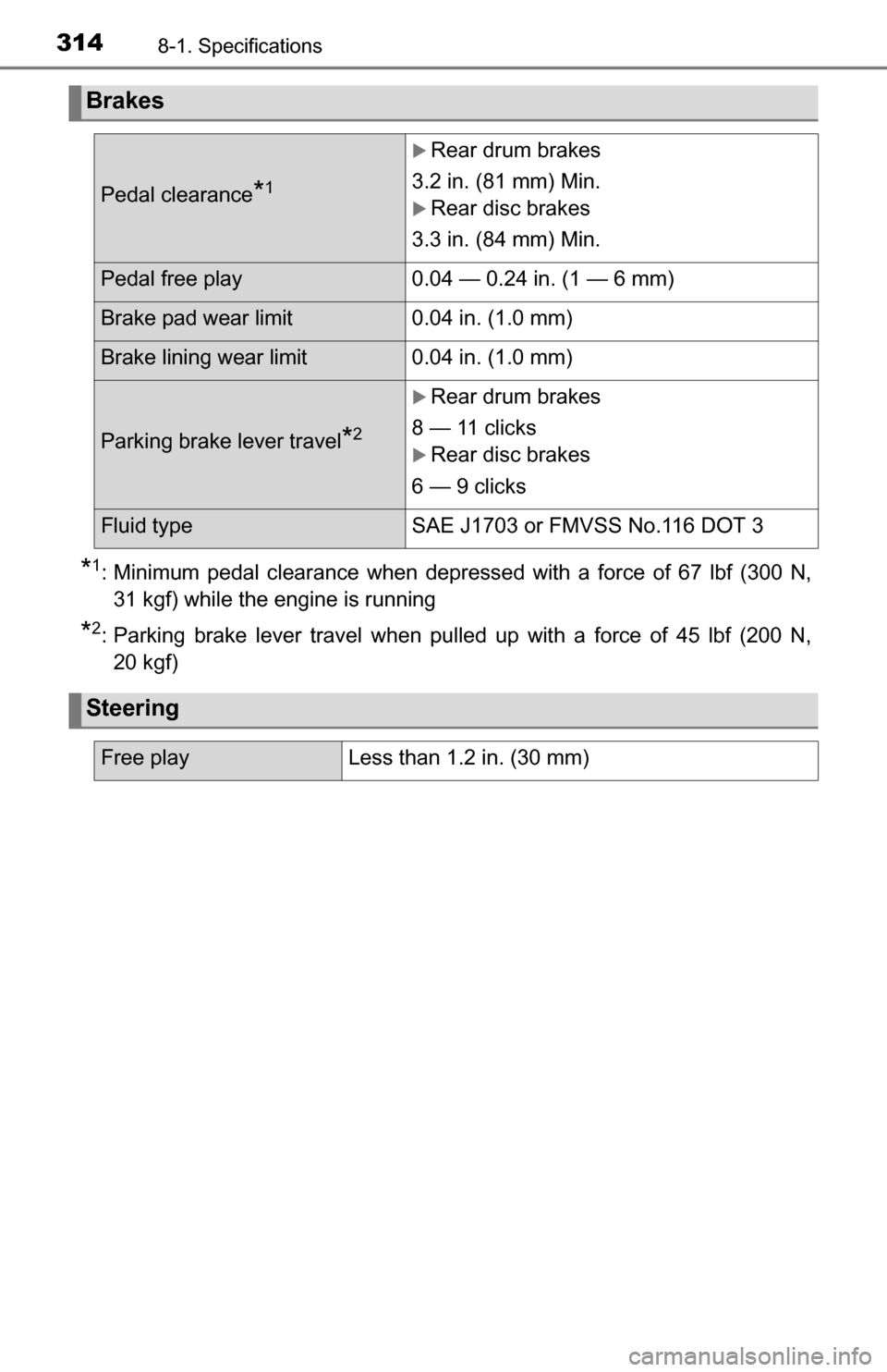 TOYOTA YARIS 2016 3.G Owners Manual 3148-1. Specifications
*1: Minimum pedal clearance when depressed with a force of 67 lbf (300 N,31 kgf) while the engine is running
*2: Parking brake lever travel when pulled up with a force of 45 lbf