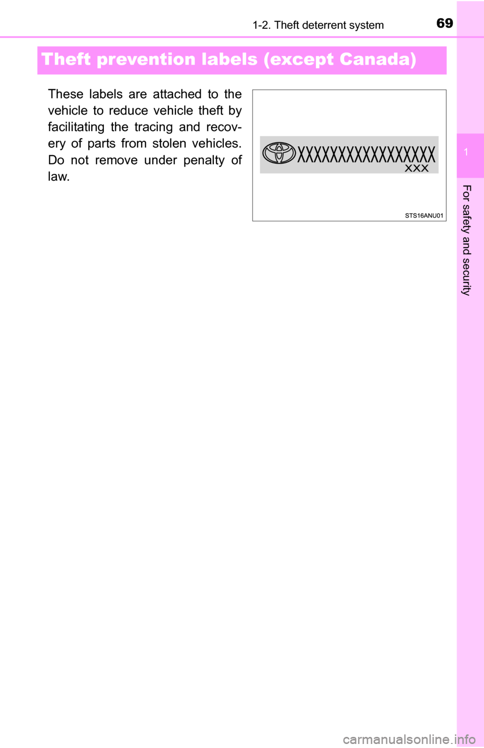 TOYOTA YARIS 2016 3.G Owners Manual 691-2. Theft deterrent system
1
For safety and security
Theft prevention labels (except Canada)
These labels are attached to the
vehicle to reduce vehicle theft by
facilitating the tracing and recov-
