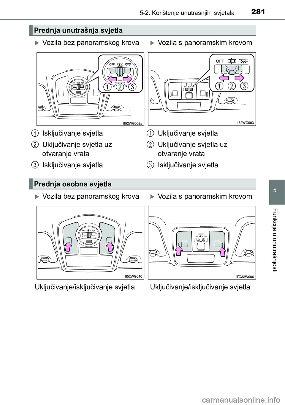 TOYOTA PRIUS PLUS 2016  Upute Za Rukovanje (in Croatian) 2815-2. Korištenje unutrašnjih  svjetala
5
Funkcije u unutrašnjosti
Prednja unutrašnja svjetla
Vozila bez panoramskog krovaVozila s panoramskim krovom
Isključivanje svjetla
Uključivanje sv