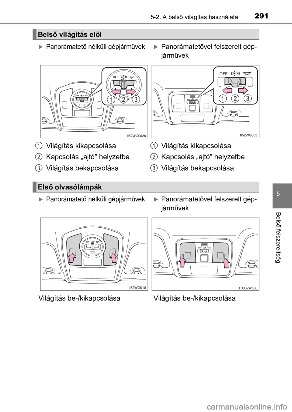 TOYOTA PRIUS PLUS 2016  Kezelési útmutató (in Hungarian) 2915-2. A belső világítás használata
5
Belső felszereltség
Belső világítás elöl
Panorámatető nélküli gépjárművekPanorámatetővel felszerelt gép-
járművek
Világítás kika