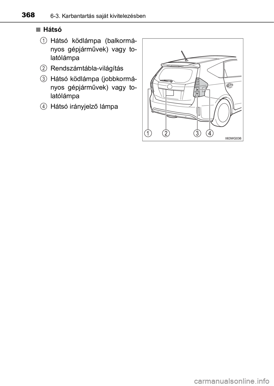 TOYOTA PRIUS PLUS 2016  Kezelési útmutató (in Hungarian) 3686-3. Karbantartás saját kivitelezésben
nHátsó
Hátsó  ködlámpa  (balkormá-
nyos  gépjárművek)  vagy  to-
latólámpa
Rendszámtábla-világítás
Hátsó  ködlámpa  (jobbkormá-
nyos 