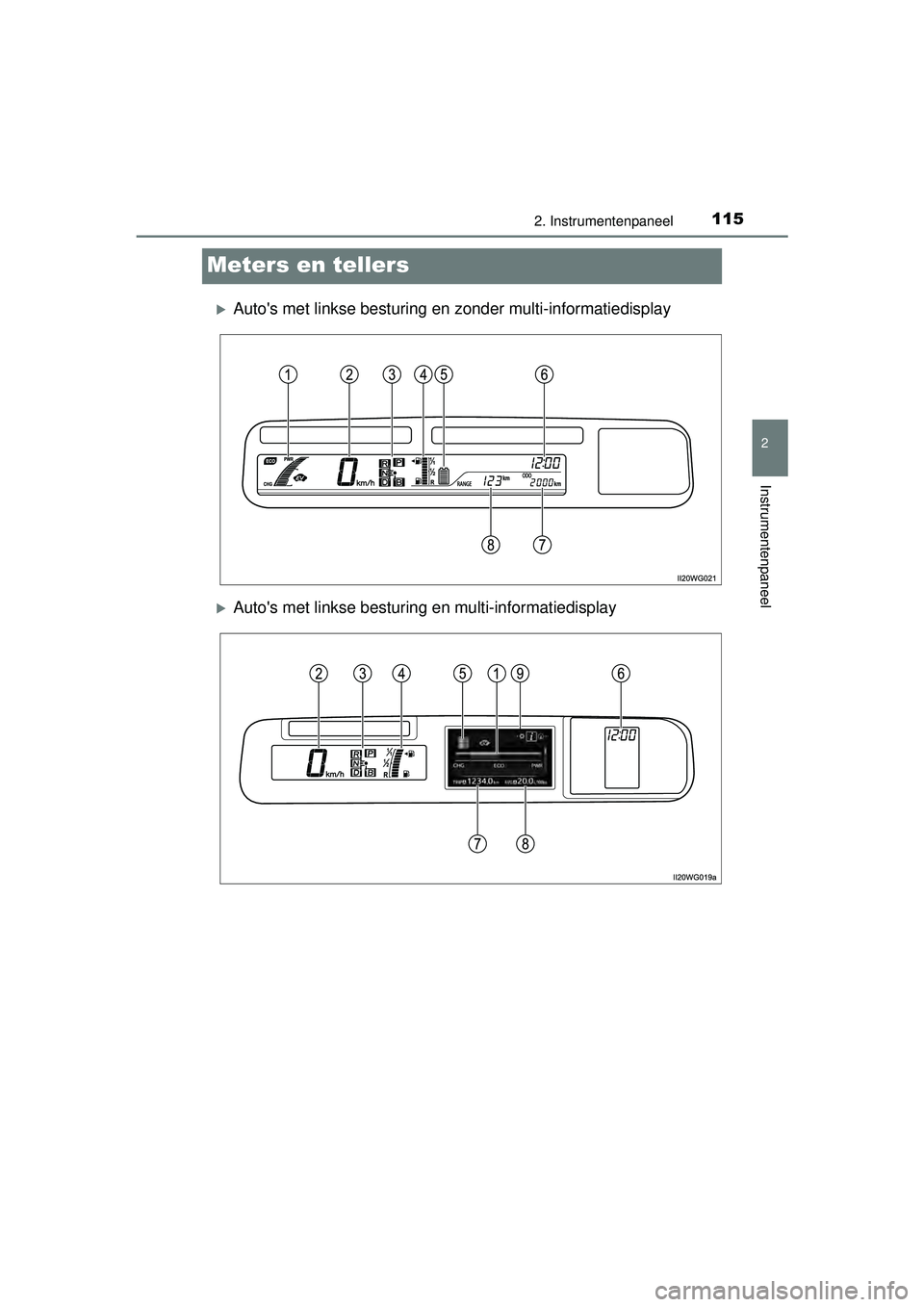 TOYOTA PRIUS PLUS 2016  Instructieboekje (in Dutch) 115
2
2. Instrumentenpaneel
Instrumentenpaneel
PRIUS +_OM_OM47B24E_(EE)
Meters en tellers
Autos met linkse besturing en zonder multi-informatiedisplay
Autos met linkse besturing en multi-infor