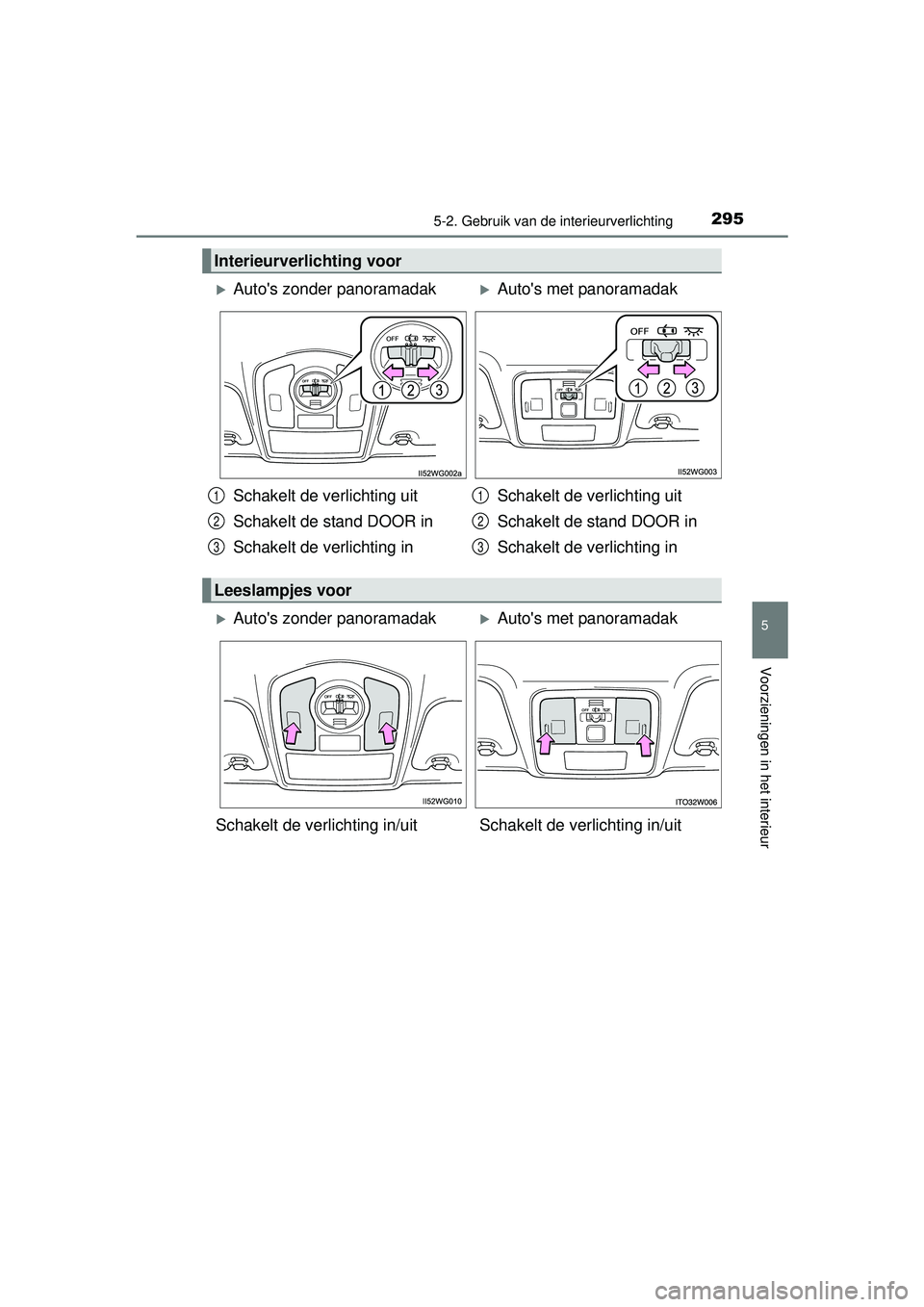 TOYOTA PRIUS PLUS 2016  Instructieboekje (in Dutch) 2955-2. Gebruik van de interieurverlichting
PRIUS +_OM_OM47B24E_(EE)
5
Voorzieningen in het interieur
Interieurverlichting voor
Autos zonder panoramadakAutos met panoramadak
Schakelt de verlic
