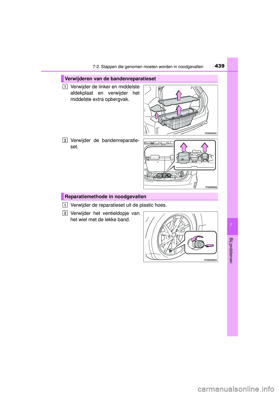 TOYOTA PRIUS PLUS 2016  Instructieboekje (in Dutch) 4397-2. Stappen die genomen moeten worden in noodgevallen
PRIUS +_OM_OM47B24E_(EE)
7
Bij problemen
Verwijder de linker en middelste
afdekplaat en verwijder het
middelste extra opbergvak.
Verwijder de 