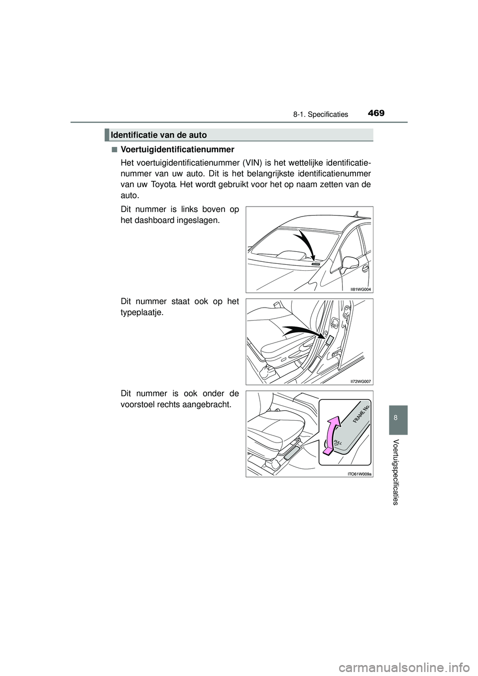 TOYOTA PRIUS PLUS 2016  Instructieboekje (in Dutch) 4698-1. Specificaties
PRIUS +_OM_OM47B24E_(EE)
8
Voertuigspecificaties
■Voertuigidentificatienummer
Het voertuigidentificatienummer (VIN) is het wettelijke identificatie-
nummer van uw auto. Dit is 