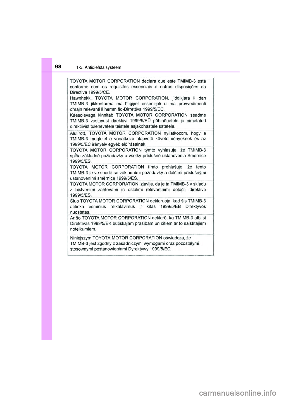 TOYOTA PRIUS PLUS 2016  Instructieboekje (in Dutch) 981-3. Antidiefstalsysteem
PRIUS +_OM_OM47B24E_(EE)
PRIUS +_OM_OM47B24E_(EE).book  Page 98  Tuesday, May 3, 2016  2:22 PM 