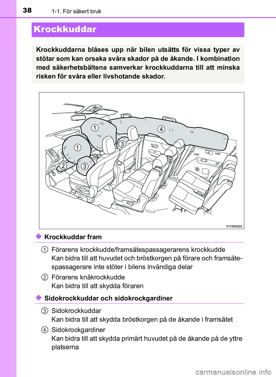 TOYOTA PRIUS PLUS 2016  Bruksanvisningar (in Swedish) 381-1. För säkert bruk
OM47B24SE
Krockkuddar
◆Krockkuddar framFörarens krockkudde/framsätespassagerarens krockkudde
Kan bidra till att huvudet och brös tkorgen på förare och framsäte-
spassa