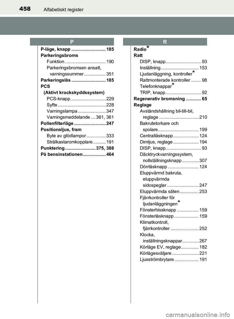 TOYOTA PRIUS PLUS 2016  Bruksanvisningar (in Swedish) 458Alfabetiskt register
OM47B24SE
P-läge, knapp ........................... 185
ParkeringsbromsFunktion ................................ 190
Parkeringsbromsen ansatt, varningssummer .................
