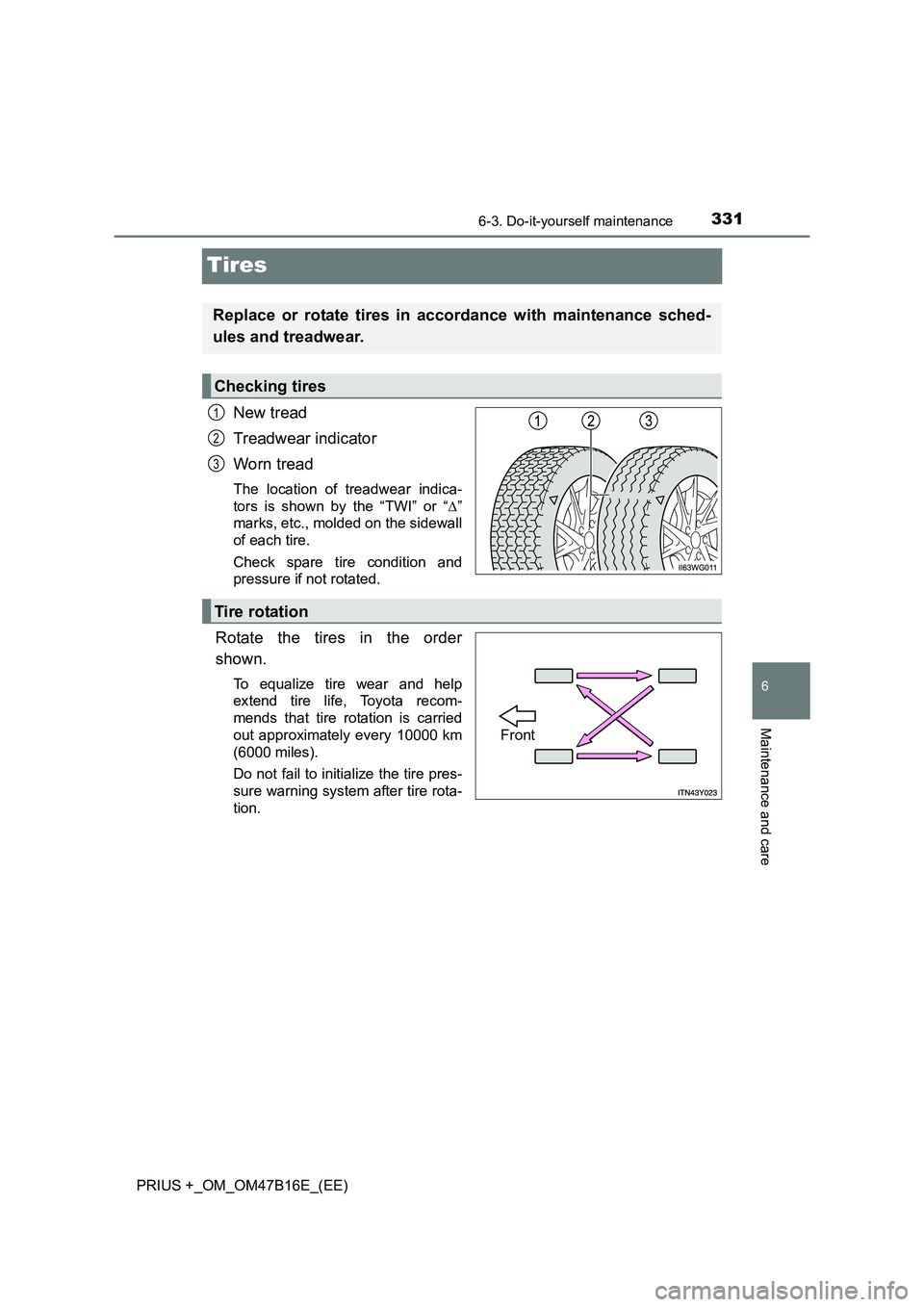 TOYOTA PRIUS PLUS 2015  Owners Manual 3316-3. Do-it-yourself maintenance
PRIUS +_OM_OM47B16E_(EE)
6
Maintenance and care
Tires
New tread
Treadwear indicator
Worn tread
The location of treadwear indica-
tors is shown by the “TWI” or 