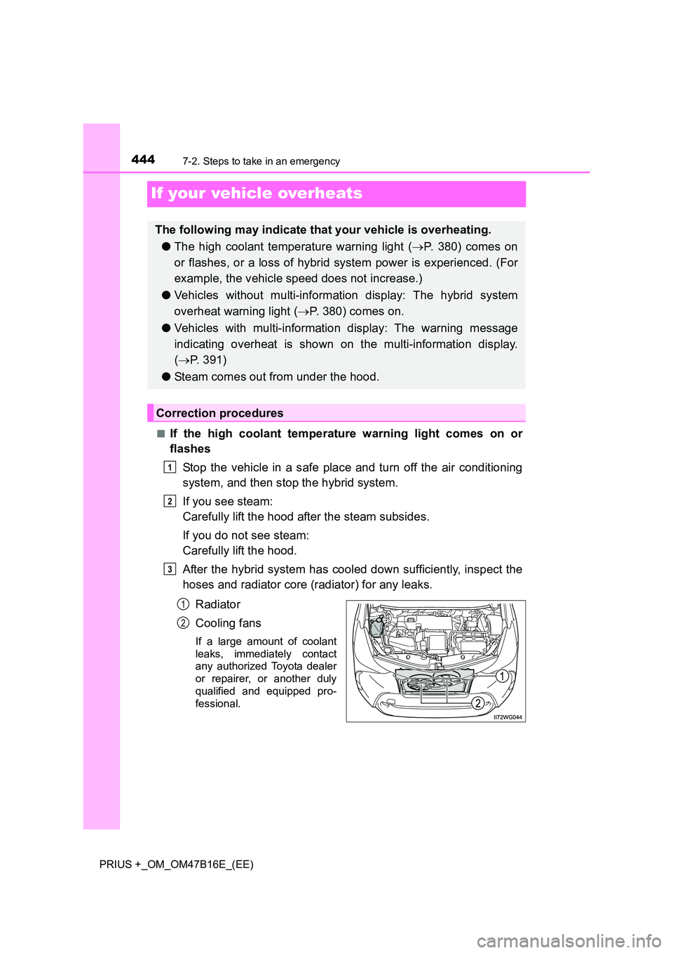 TOYOTA PRIUS PLUS 2015 Owners Manual 4447-2. Steps to take in an emergency
PRIUS +_OM_OM47B16E_(EE)
If your vehicle overheats
■If the high coolant temperature warning light comes on or
flashesStop the vehicle in a safe place and turn o TOYOTA PRIUS PLUS 2015 Owners Manual 4447-2. Steps to take in an emergency
PRIUS +_OM_OM47B16E_(EE)
If your vehicle overheats
■If the high coolant temperature warning light comes on or
flashesStop the vehicle in a safe place and turn o