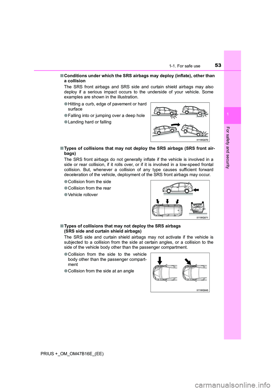 TOYOTA PRIUS PLUS 2015 Owners Manual 531-1. For safe use
1
PRIUS +_OM_OM47B16E_(EE)
For safety and security
■Conditions under which the SRS airbags may deploy (inflate), other than
a collision
The SRS front airbags and SRS side and cur TOYOTA PRIUS PLUS 2015 Owners Manual 531-1. For safe use
1
PRIUS +_OM_OM47B16E_(EE)
For safety and security
■Conditions under which the SRS airbags may deploy (inflate), other than
a collision
The SRS front airbags and SRS side and cur