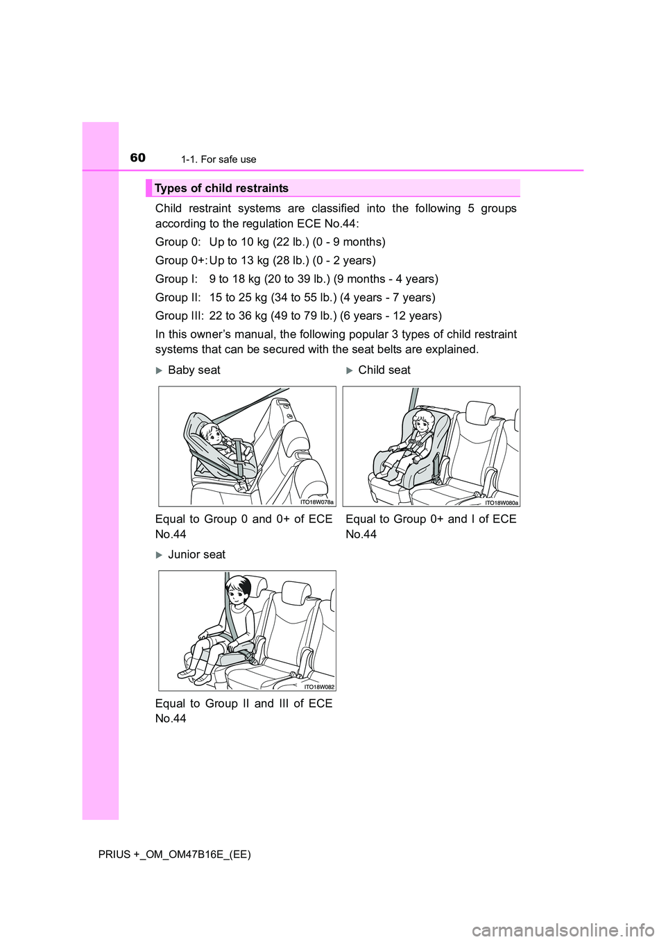 TOYOTA PRIUS PLUS 2015  Owners Manual 601-1. For safe use
PRIUS +_OM_OM47B16E_(EE)
Child restraint systems are classified into the following 5 groups
according to the regulation ECE No.44:
Group 0: Up to 10 kg (22 lb.) (0 - 9 months)
Grou