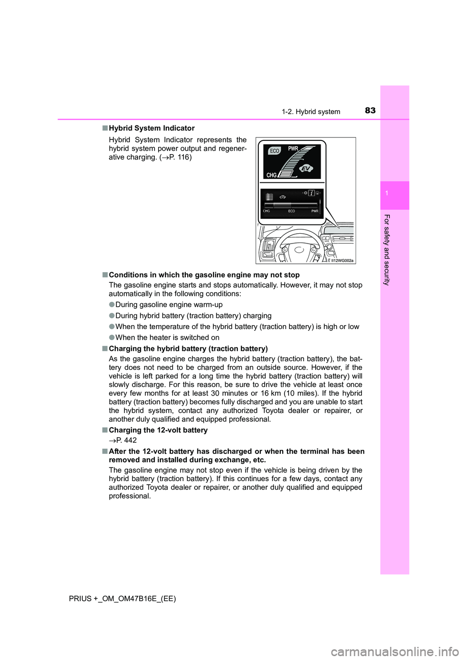 TOYOTA PRIUS PLUS 2015 Owners Manual 831-2. Hybrid system
1
PRIUS +_OM_OM47B16E_(EE)
For safety and security
■Hybrid System Indicator
■ Conditions in which the gasoline engine may not stop
The gasoline engine starts and stops automat TOYOTA PRIUS PLUS 2015 Owners Manual 831-2. Hybrid system
1
PRIUS +_OM_OM47B16E_(EE)
For safety and security
■Hybrid System Indicator
■ Conditions in which the gasoline engine may not stop
The gasoline engine starts and stops automat