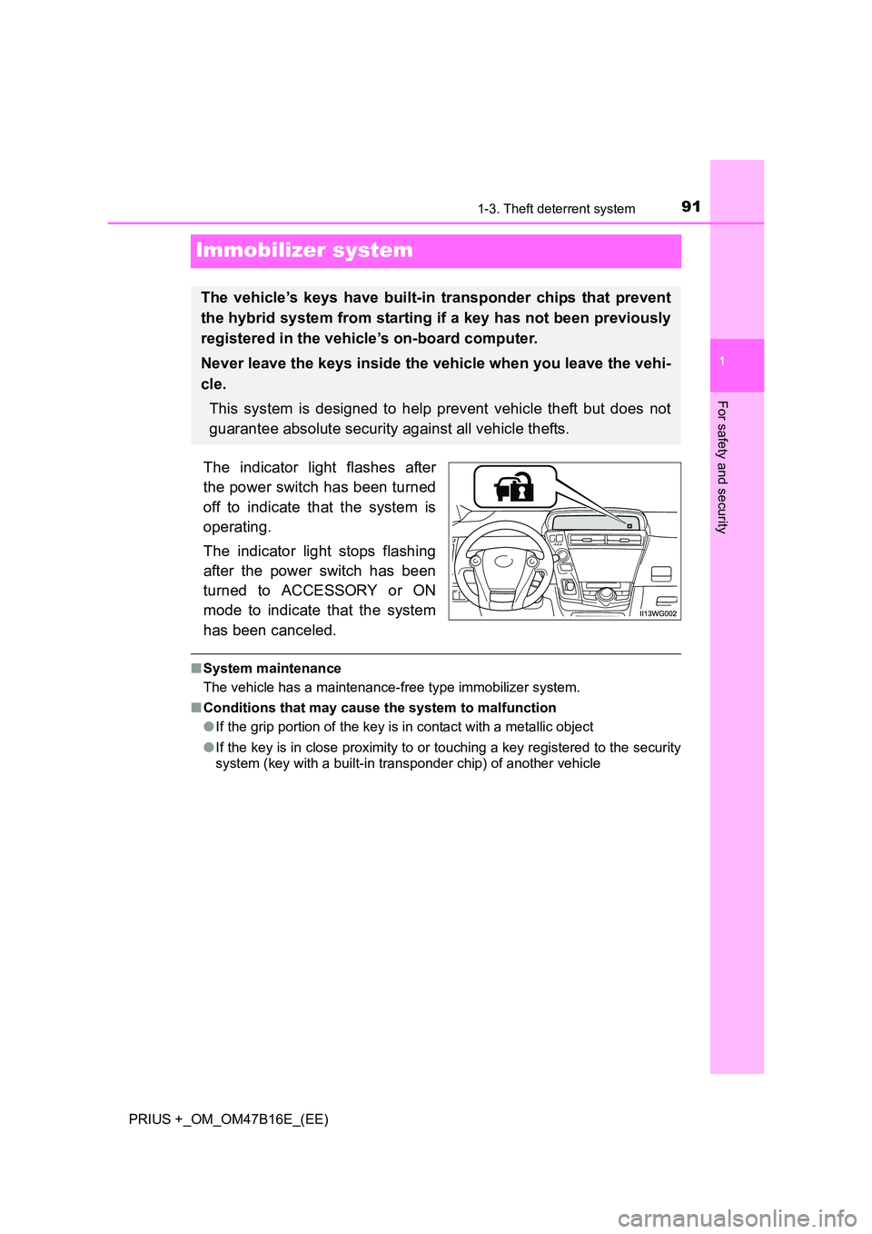 TOYOTA PRIUS PLUS 2015 Owners Manual 91
1
1-3. Theft deterrent system
PRIUS +_OM_OM47B16E_(EE)
For safety and security
Immobilizer system
The indicator light flashes after
the power switch has been turned
off to indicate that the system TOYOTA PRIUS PLUS 2015 Owners Manual 91
1
1-3. Theft deterrent system
PRIUS +_OM_OM47B16E_(EE)
For safety and security
Immobilizer system
The indicator light flashes after
the power switch has been turned
off to indicate that the system