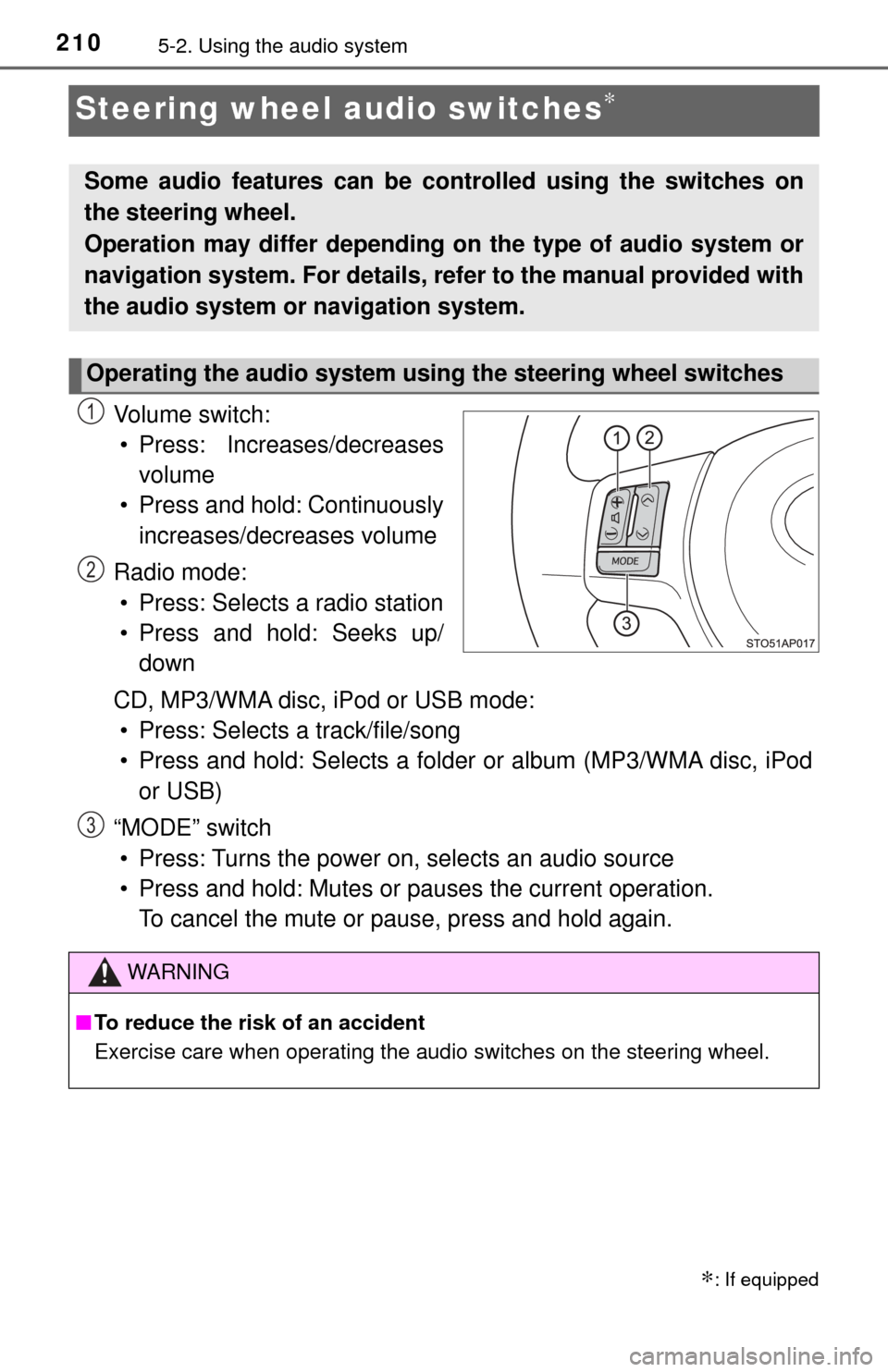 TOYOTA YARIS 2017 3.G Owners Manual 2105-2. Using the audio system
Steering wheel audio switches∗
Vo l u m e  s w i t c h :• Press: Increases/decreases volume
• Press and hold: Continuously increases/decreases volume
Radio mode: 