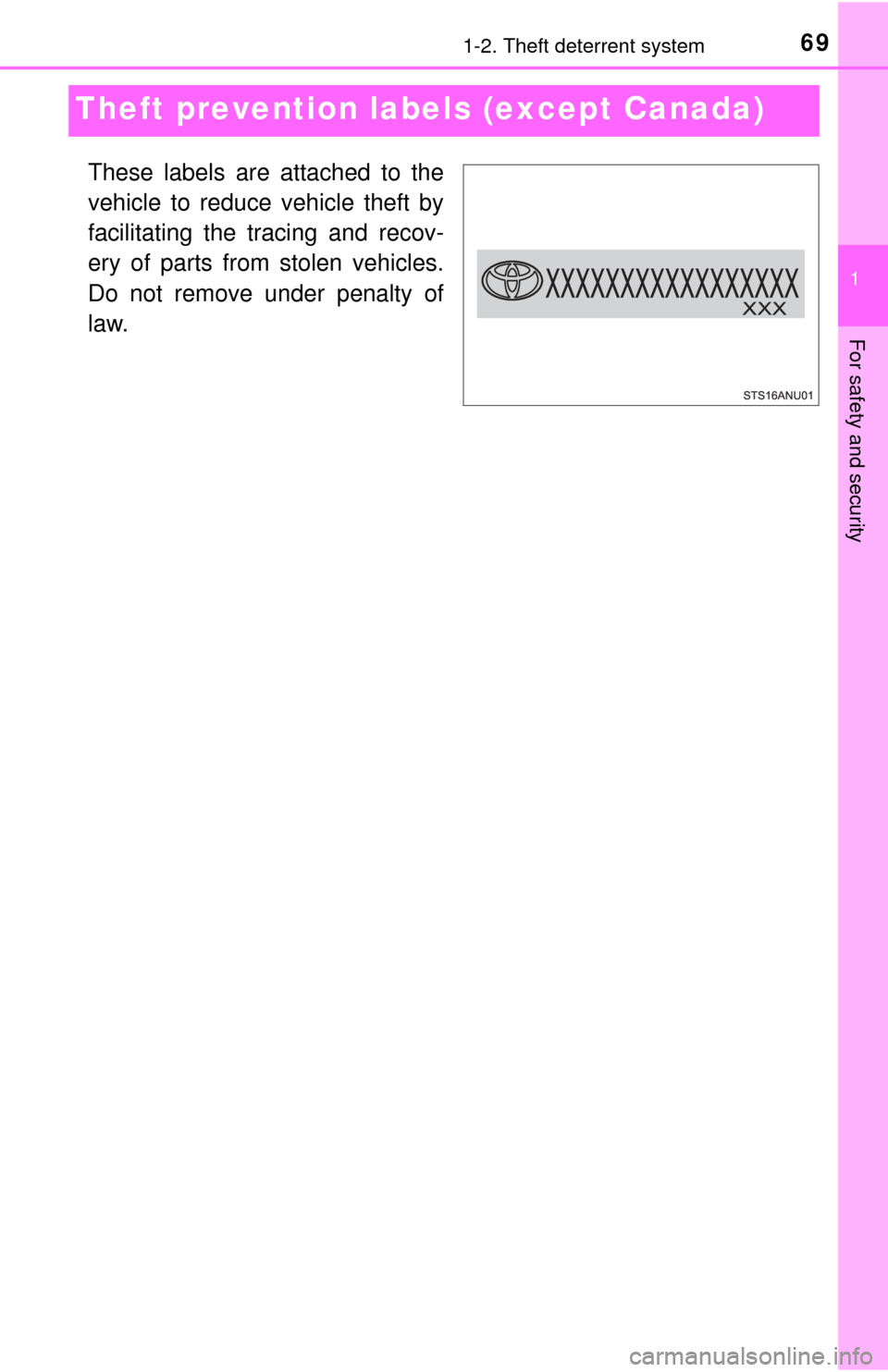 TOYOTA YARIS 2017 3.G Owners Manual 691-2. Theft deterrent system
1
For safety and security
Theft prevention labels (except Canada)
These labels are attached to the
vehicle to reduce vehicle theft by
facilitating the tracing and recov-
