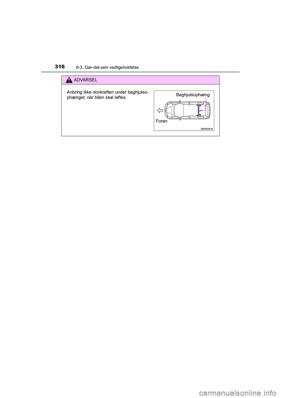 TOYOTA PRIUS PLUS 2014  Brugsanvisning (in Danish) 3166-3. Gør-det-selv vedligeholdelse
OM47888DK
ADVARSEL
Anbring ikke donkraften under baghjulso-
phænget, når bilen skal løftes.Baghjulsophæng
Foran
OM47888DK.book  Page 316  Mond ay, October 29,