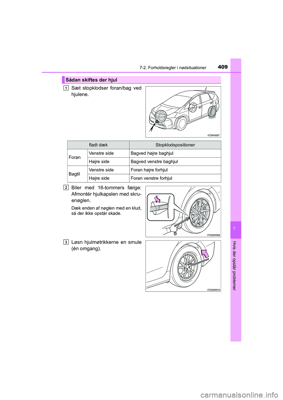 TOYOTA PRIUS PLUS 2014  Brugsanvisning (in Danish) 4097-2. Forholdsregler i nødsituationer
OM47888DK
7
Hvis der opstår problemer
Sæt stopklodser foran/bag ved
hjulene.
Biler med 16-tommers fælge:
Afmontér hjulkapslen med skru-
enøglen.
Dæk ende