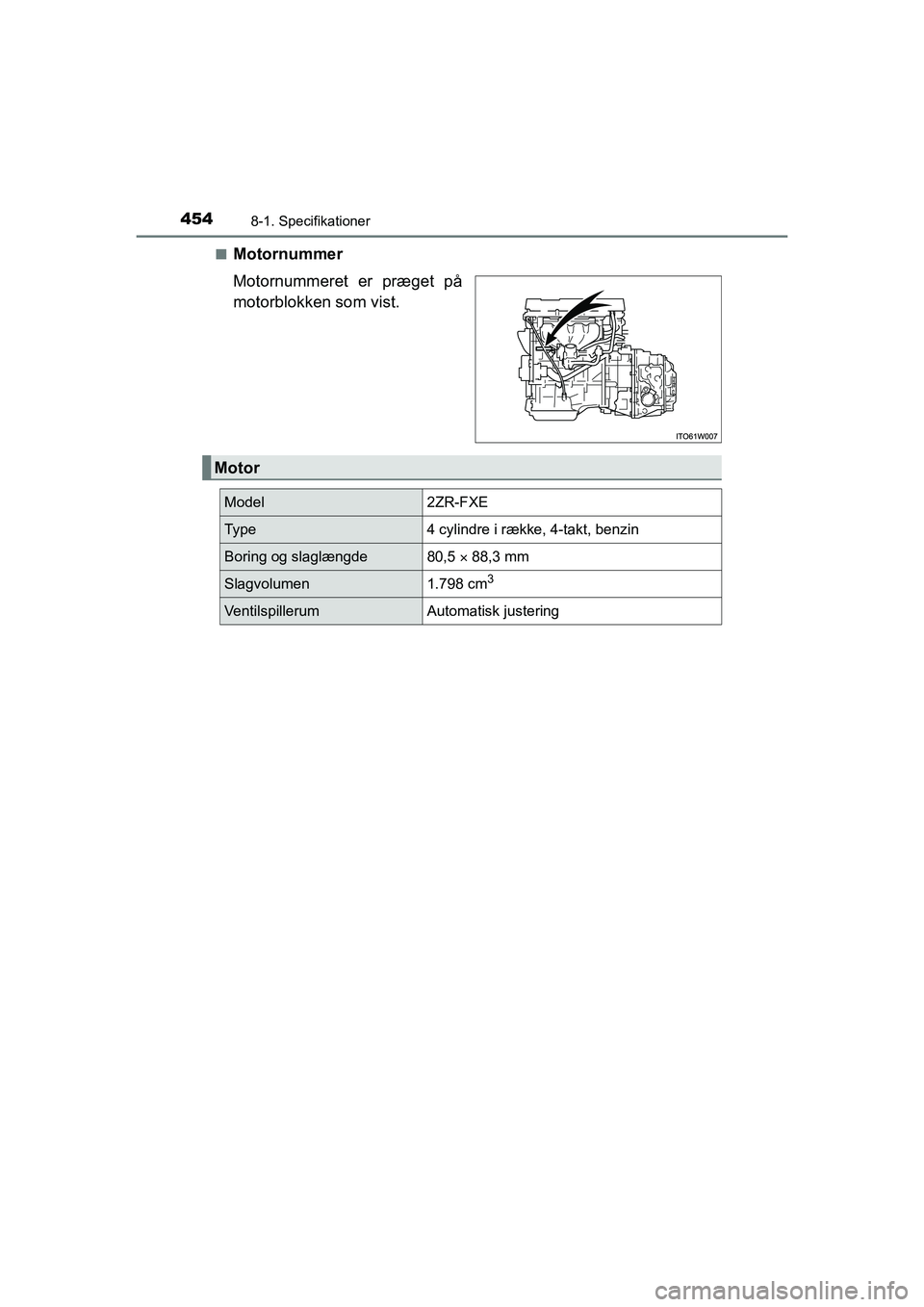 TOYOTA PRIUS PLUS 2014  Brugsanvisning (in Danish) 4548-1. Specifikationer
OM47888DKn
Motornummer
Motornummeret er præget på
motorblokken som vist.
Motor
Model2ZR-FXE
Ty p e4 cylindre i række, 4-takt, benzin
Boring og slaglængde80,5 
 88,3 mm
S