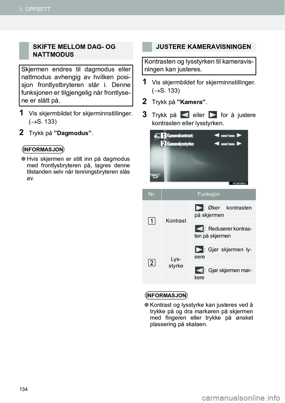 TOYOTA PRIUS PLUS 2014  Instruksjoner for bruk (in Norwegian) 134
1. OPPSETT
1Vis skjermbildet for skjerminnstillinger.
(→S. 133)
2Trykk på ”Dagmodus”.
1Vis skjermbildet for skjerminnstillinger.
(→S. 133)
2Trykk på ”Kamera”.
3Trykk på   eller   fo