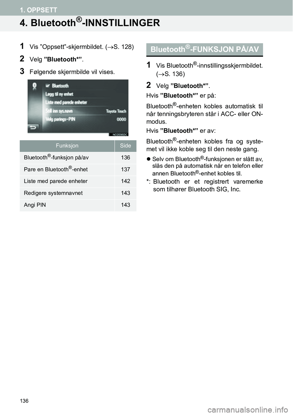 TOYOTA PRIUS PLUS 2014  Instruksjoner for bruk (in Norwegian) 136
1. OPPSETT
4. Bluetooth®-INNSTILLINGER
1Vis ”Oppsett”-skjermbildet. (→S. 128)
2Velg ”Bluetooth*”.
3Følgende skjermbilde vil vises.1Vis Bluetooth®-innstillingsskjermbildet.
(→S. 136)
