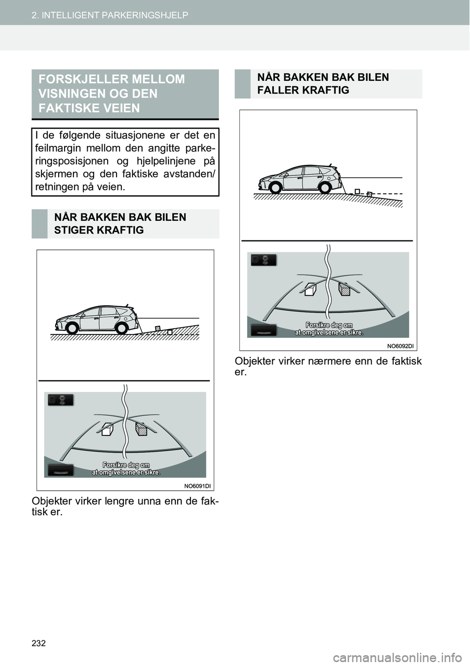 TOYOTA PRIUS PLUS 2014  Instruksjoner for bruk (in Norwegian) 232
2. INTELLIGENT PARKERINGSHJELP
Objekter virker lengre unna enn de fak-
tisk er.Objekter virker nærmere enn de faktisk
er.
FORSKJELLER MELLOM 
VISNINGEN OG DEN 
FAKTISKE VEIEN
I de følgende situa