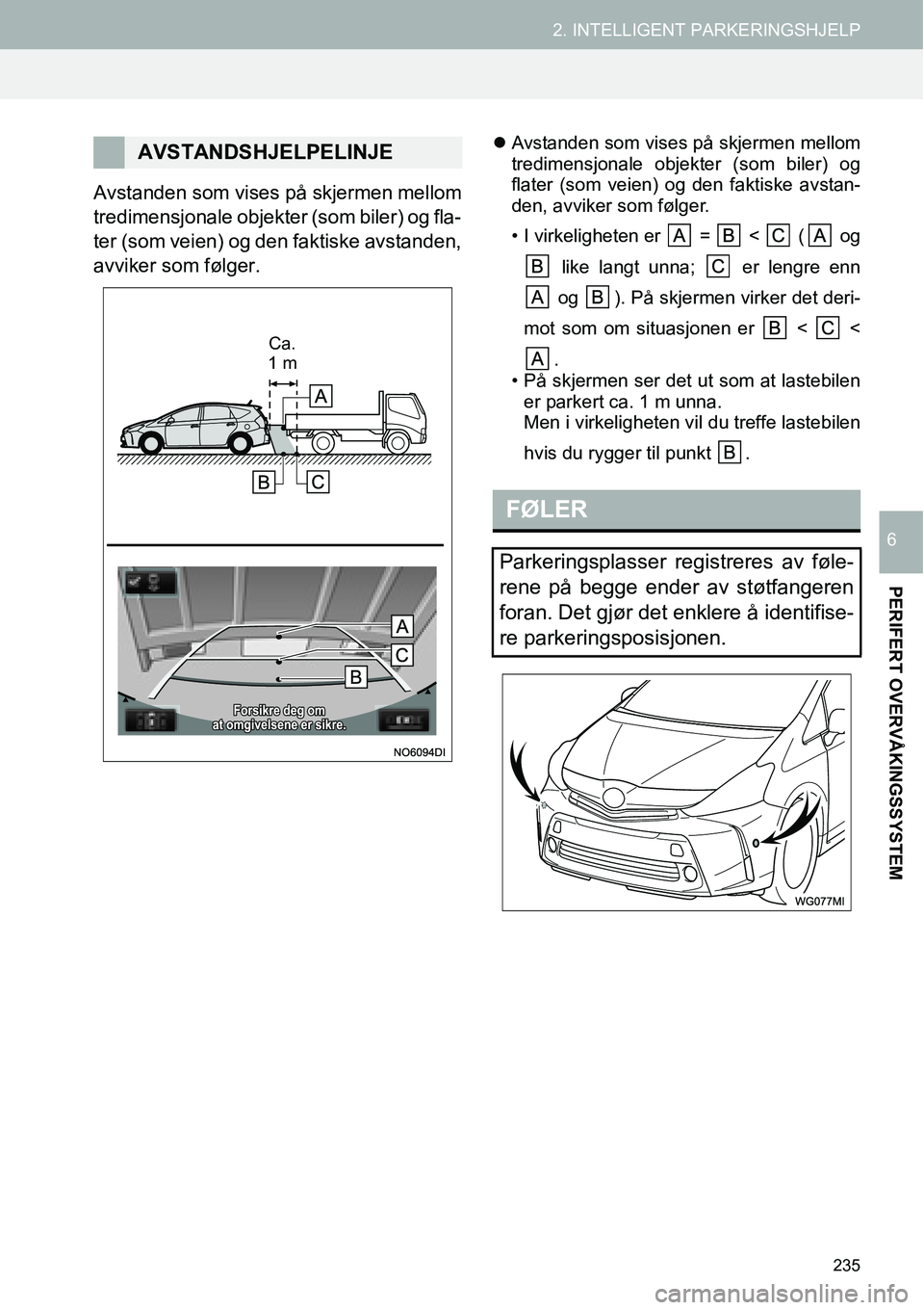 TOYOTA PRIUS PLUS 2014  Instruksjoner for bruk (in Norwegian) 235
2. INTELLIGENT PARKERINGSHJELP
PERIFERT OVERVÅKINGSSYSTEM
6
Avstanden som vises på skjermen mellom
tredimensjonale objekter (som biler) og fla-
ter (som veien) og den faktiske avstanden,
avviker