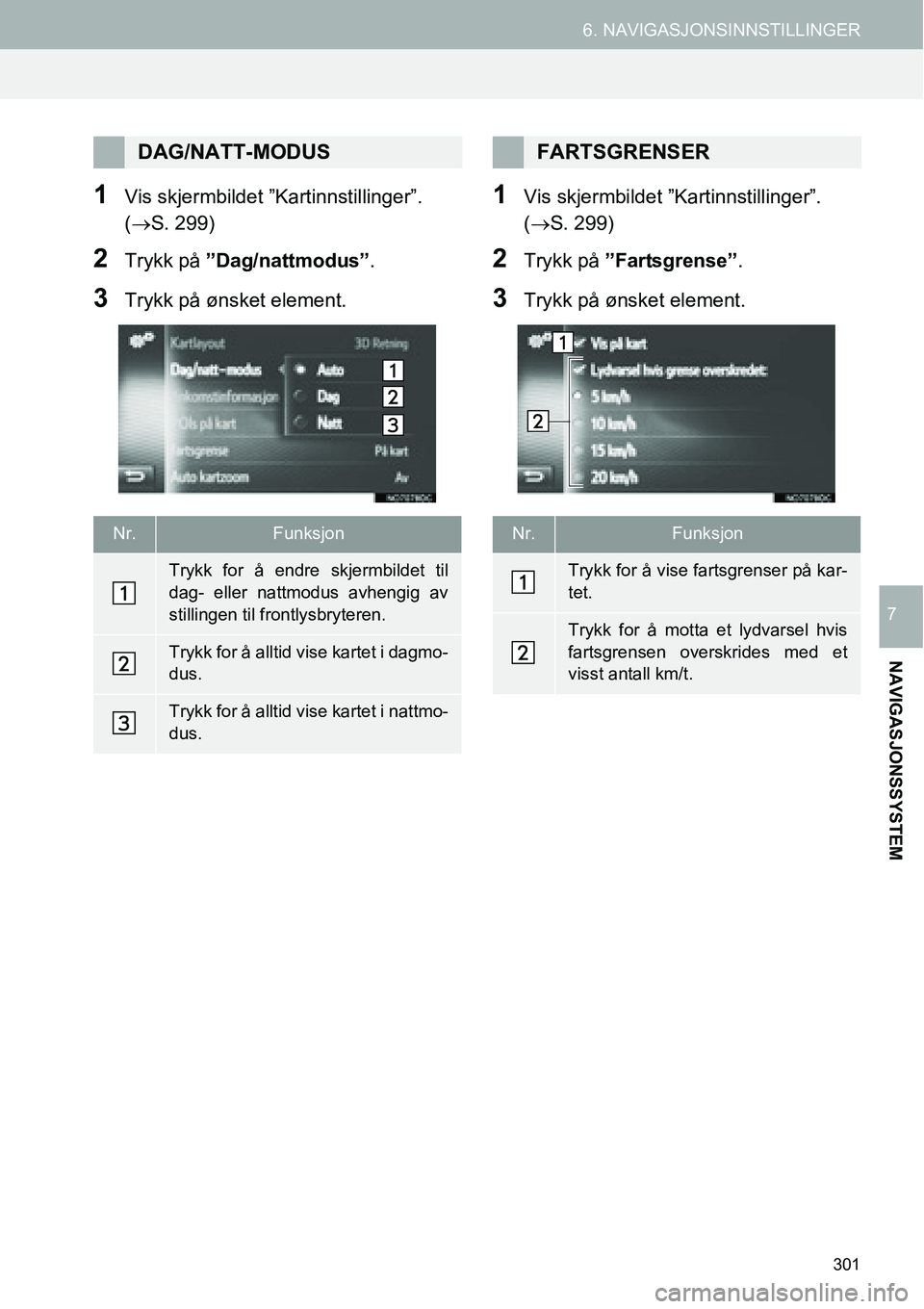 TOYOTA PRIUS PLUS 2014  Instruksjoner for bruk (in Norwegian) 301
6. NAVIGASJONSINNSTILLINGER
NAVIGASJONSSYSTEM
7
1Vis skjermbildet ”Kartinnstillinger”. 
(→S. 299)
2Trykk på ”Dag/nattmodus”.
3Trykk på ønsket element.
1Vis skjermbildet ”Kartinnstil