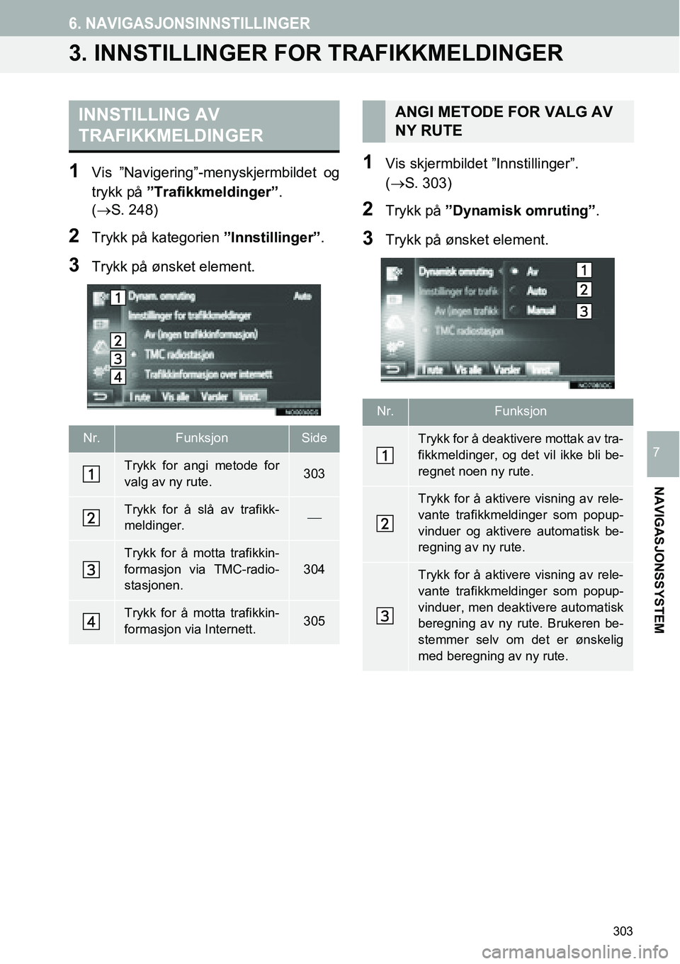 TOYOTA PRIUS PLUS 2014  Instruksjoner for bruk (in Norwegian) 303
6. NAVIGASJONSINNSTILLINGER
NAVIGASJONSSYSTEM
7
3. INNSTILLINGER FOR TRAFIKKMELDINGER
1Vis ”Navigering”-menyskjermbildet og
trykk på ”Trafikkmeldinger”. 
(→S. 248)
2Trykk på kategorien