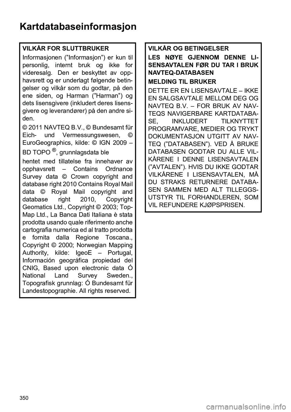TOYOTA PRIUS PLUS 2014  Instruksjoner for bruk (in Norwegian) 350
Kartdatabaseinformasjon
VILKÅR FOR SLUTTBRUKER
Informasjonen (”Informasjon”) er kun til
personlig, internt bruk og ikke for
videresalg.  Den er beskyttet av opp-
havsrett og er underlagt føl