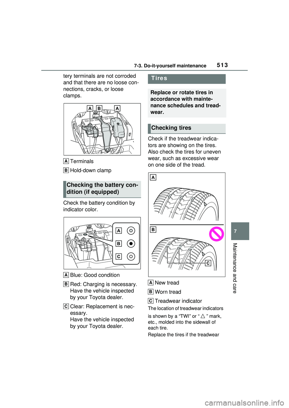 TOYOTA PRIUS PRIME 2023  Owners Manual 5137-3. Do-it-yourself maintenance
7
Maintenance and care
tery terminals are not corroded 
and that there are no loose con-
nections, cracks, or loose 
clamps.Terminals
Hold-down clamp
Check the batte