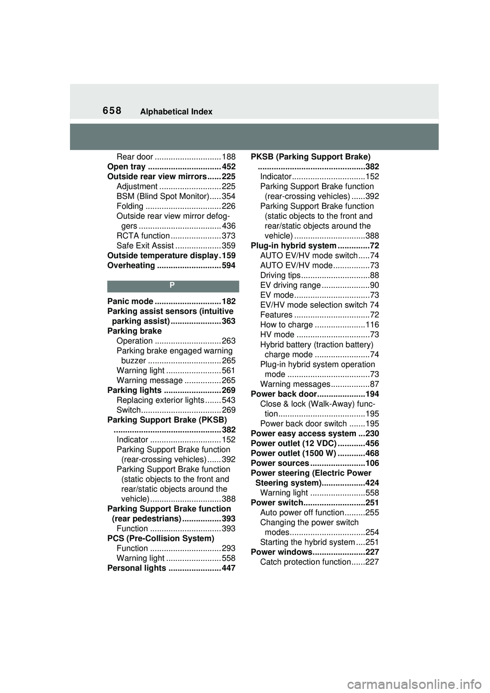 TOYOTA PRIUS PRIME 2023 Owners Manual 658Alphabetical Index
Rear door ............................. 188
Open tray ................................ 452
Outside rear view mirrors ...... 225 Adjustment ........................... 225
BSM (Bl TOYOTA PRIUS PRIME 2023 Owners Manual 658Alphabetical Index
Rear door ............................. 188
Open tray ................................ 452
Outside rear view mirrors ...... 225 Adjustment ........................... 225
BSM (Bl