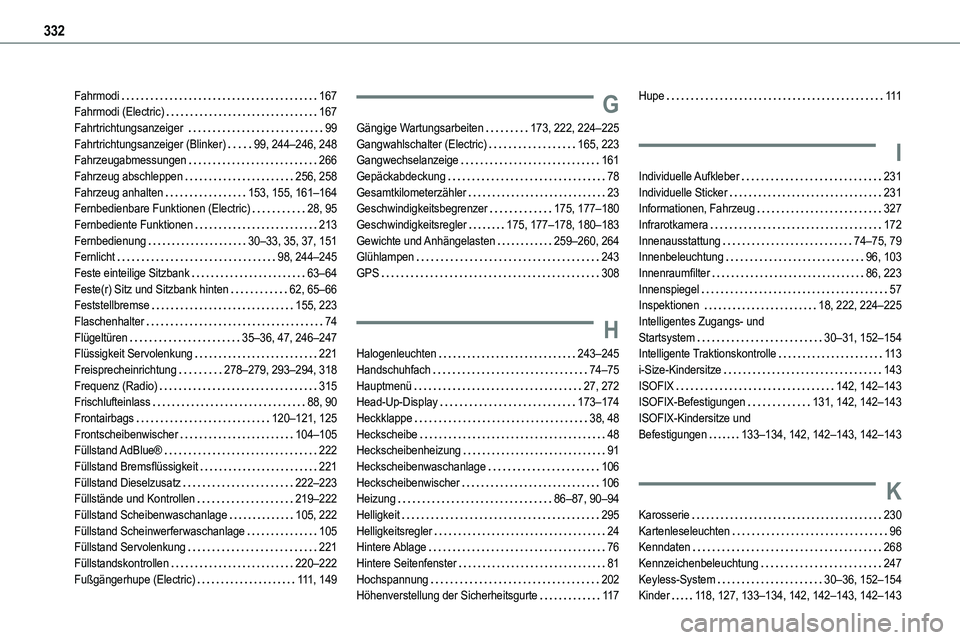 TOYOTA PROACE 2023  Betriebsanleitungen (in German) 332
Fahrmodi   167Fahrmodi (Electric)   167Fahrtrichtungsanzeiger    99Fahrtrichtungsanzeiger (Blinker)   99, 244–246, 248Fahrzeugabmessungen   266Fahrzeug abschleppen   256, 258Fahrzeug anhalten   