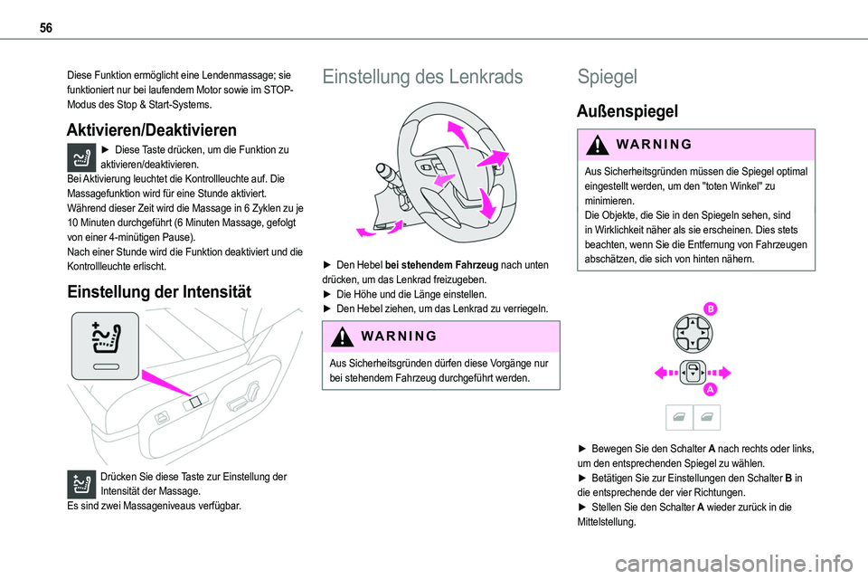 TOYOTA PROACE 2023 Betriebsanleitungen (in German) 56
Diese Funktion ermöglicht eine Lendenmassage; sie funktioniert nur bei laufendem Motor sowie im STOP-Modus des Stop & Start-Systems.
Aktivieren/Deaktivieren
► Diese Taste drücken, um die Funkti TOYOTA PROACE 2023 Betriebsanleitungen (in German) 56
Diese Funktion ermöglicht eine Lendenmassage; sie funktioniert nur bei laufendem Motor sowie im STOP-Modus des Stop & Start-Systems.
Aktivieren/Deaktivieren
► Diese Taste drücken, um die Funkti