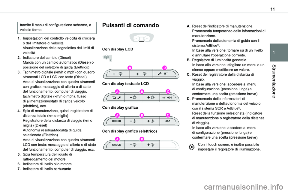 TOYOTA PROACE 2023  Manuale duso (in Italian) 11
Strumentazione
1
tramite il menu di configurazione schermo, a veicolo fermo.
1.Impostazioni del controllo velocità di crociera o del limitatore di velocitàVisualizzazione della segnaletica dei li