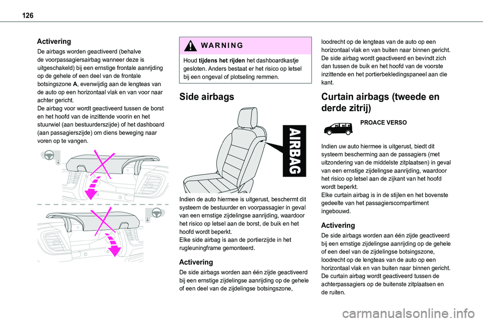 TOYOTA PROACE 2023  Instructieboekje (in Dutch) 126
Activering
De airbags worden geactiveerd (behalve de voorpassagiersairbag wanneer deze is uitgeschakeld) bij een ernstige frontale aanrijding op de gehele of een deel van de frontale botsingszone 