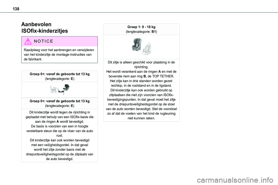 TOYOTA PROACE 2023  Instructieboekje (in Dutch) 138
Aanbevolen 
ISOfix-kinderzitjes
NOTIC E
Raadpleeg voor het aanbrengen en verwijderen van het kinderzitje de montage-instructies van de fabrikant.
Groep 0+: vanaf de geboorte tot 13 kg(lengtecatego