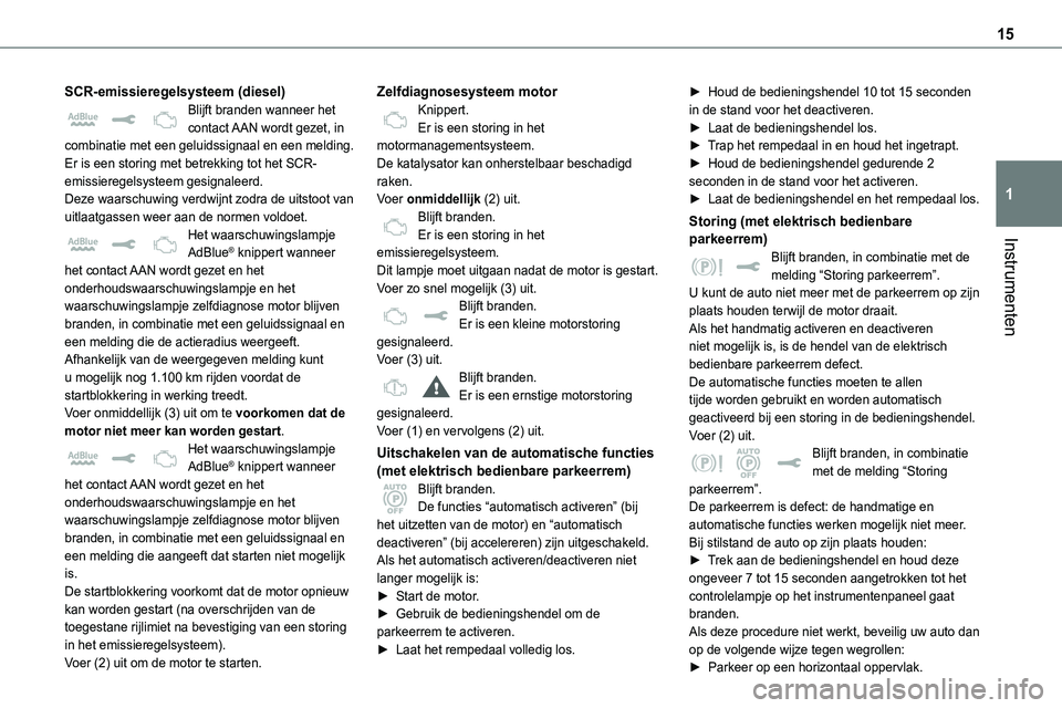 TOYOTA PROACE 2023  Instructieboekje (in Dutch) 15
Instrumenten
1
SCR-emissieregelsysteem (diesel)Blijft branden wanneer het contact AAN wordt gezet, in combinatie met een geluidssignaal en een melding.Er is een storing met betrekking tot het SCR-e