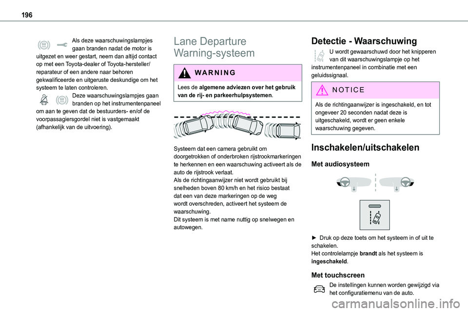 TOYOTA PROACE 2023  Instructieboekje (in Dutch) 196
Als deze waarschuwingslampjes gaan branden nadat de motor is uitgezet en weer gestart, neem dan altijd contact op met een Toyota-dealer of Toyota-hersteller/reparateur of een andere naar behoren g