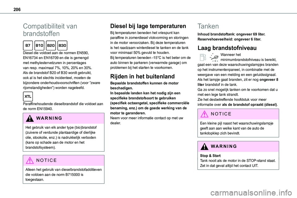 TOYOTA PROACE 2023  Instructieboekje (in Dutch) 206
Compatibiliteit van 
brandstoffen  
Diesel die voldoet aan de normen EN590, EN16734 en EN16709 en die is gemengd met methylestervetzuren in percentages van resp. maximaal 7%, 10%, 20% en 30%. 
Als