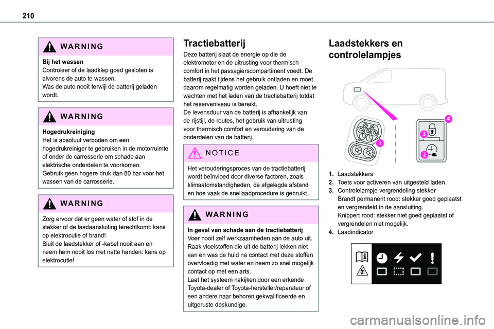 TOYOTA PROACE 2023  Instructieboekje (in Dutch) 210
WARNI NG
Bij het wassenControleer of de laadklep goed gesloten is alvorens de auto te wassen.Was de auto nooit terwijl de batterij geladen wordt.
WARNI NG
HogedrukreinigingHet is absoluut verboden